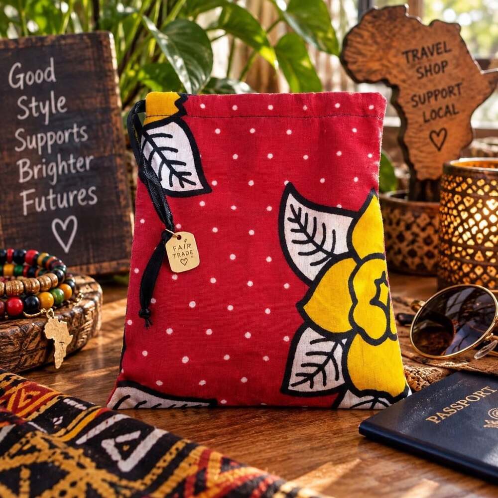 AP Kenya Fair Trade Drawstring Pouch Red Yellow Floral